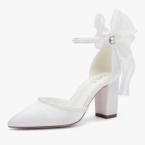 Elegant White Women's Heels with Bow and Pearl Detail